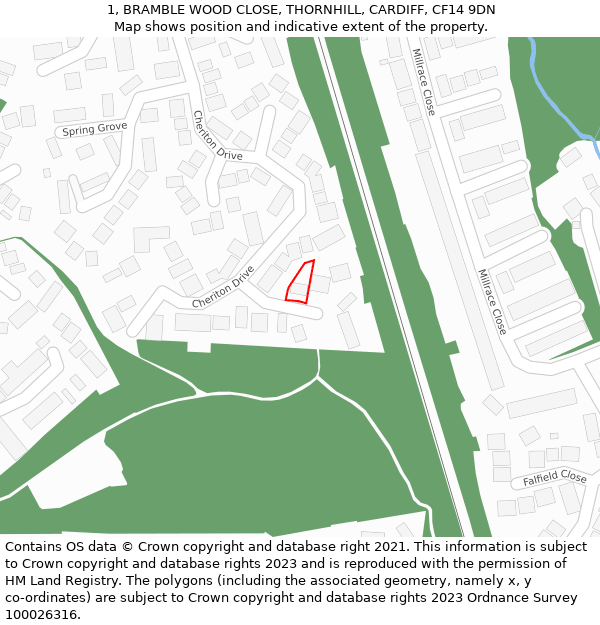 1, BRAMBLE WOOD CLOSE, THORNHILL, CARDIFF, CF14 9DN: Location map and indicative extent of plot