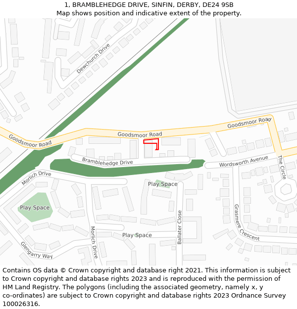 1, BRAMBLEHEDGE DRIVE, SINFIN, DERBY, DE24 9SB: Location map and indicative extent of plot
