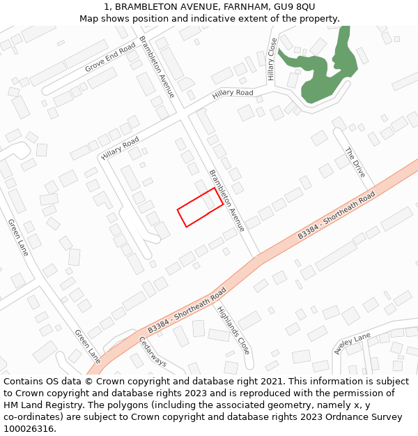 1, BRAMBLETON AVENUE, FARNHAM, GU9 8QU: Location map and indicative extent of plot