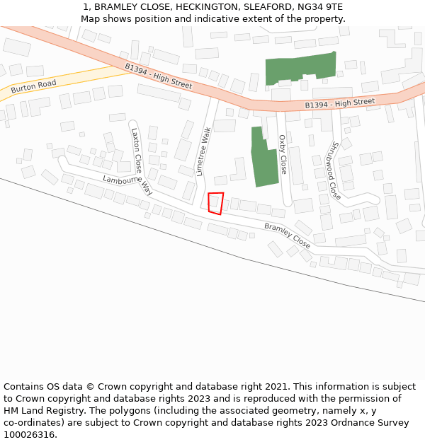 1, BRAMLEY CLOSE, HECKINGTON, SLEAFORD, NG34 9TE: Location map and indicative extent of plot