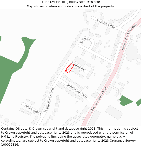 1, BRAMLEY HILL, BRIDPORT, DT6 3DP: Location map and indicative extent of plot