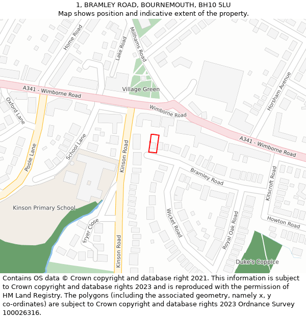 1, BRAMLEY ROAD, BOURNEMOUTH, BH10 5LU: Location map and indicative extent of plot