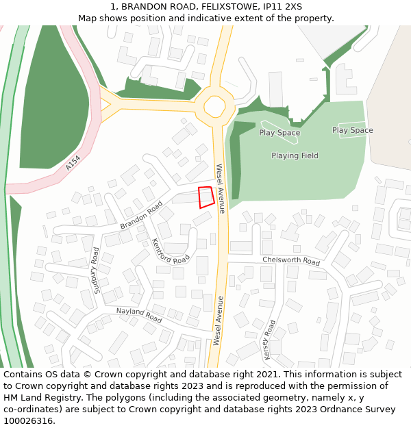 1, BRANDON ROAD, FELIXSTOWE, IP11 2XS: Location map and indicative extent of plot