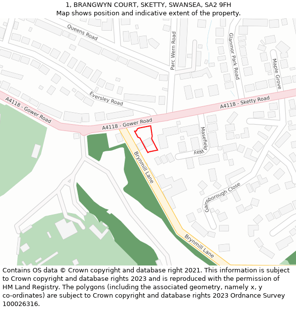 1, BRANGWYN COURT, SKETTY, SWANSEA, SA2 9FH: Location map and indicative extent of plot