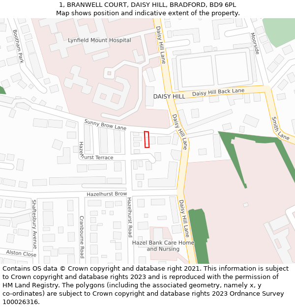 1, BRANWELL COURT, DAISY HILL, BRADFORD, BD9 6PL: Location map and indicative extent of plot