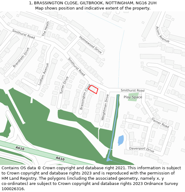 1, BRASSINGTON CLOSE, GILTBROOK, NOTTINGHAM, NG16 2UH: Location map and indicative extent of plot