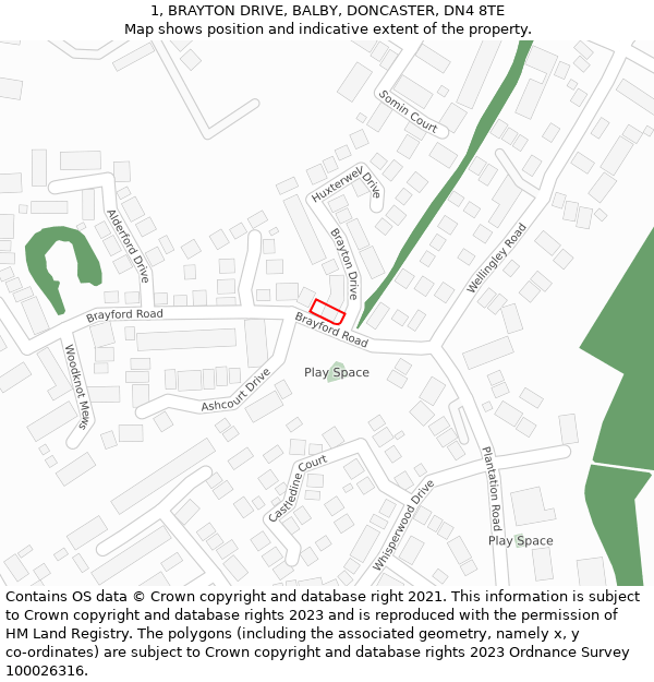 1, BRAYTON DRIVE, BALBY, DONCASTER, DN4 8TE: Location map and indicative extent of plot