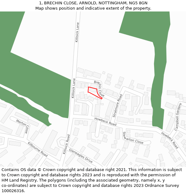 1, BRECHIN CLOSE, ARNOLD, NOTTINGHAM, NG5 8GN: Location map and indicative extent of plot