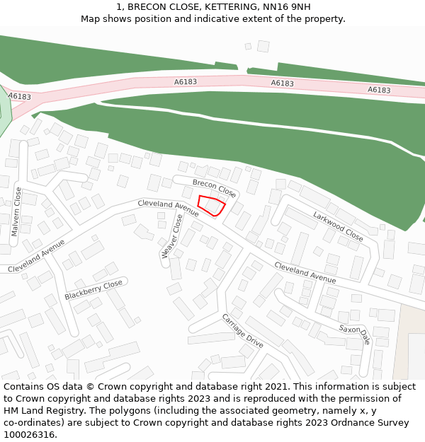 1, BRECON CLOSE, KETTERING, NN16 9NH: Location map and indicative extent of plot