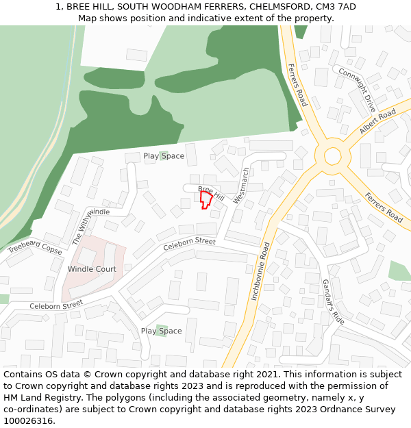 1, BREE HILL, SOUTH WOODHAM FERRERS, CHELMSFORD, CM3 7AD: Location map and indicative extent of plot