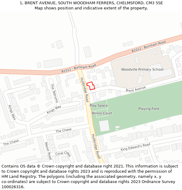 1, BRENT AVENUE, SOUTH WOODHAM FERRERS, CHELMSFORD, CM3 5SE: Location map and indicative extent of plot