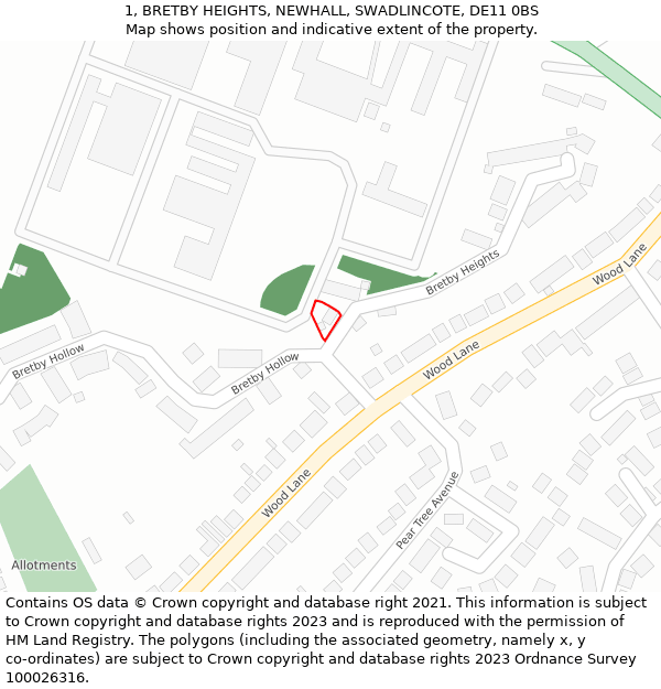 1, BRETBY HEIGHTS, NEWHALL, SWADLINCOTE, DE11 0BS: Location map and indicative extent of plot