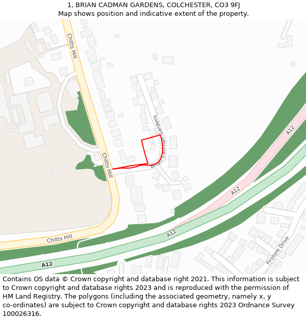 1, BRIAN CADMAN GARDENS, COLCHESTER, CO3 9FJ: Location map and indicative extent of plot