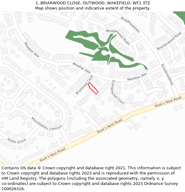 1, BRIARWOOD CLOSE, OUTWOOD, WAKEFIELD, WF1 3TZ: Location map and indicative extent of plot