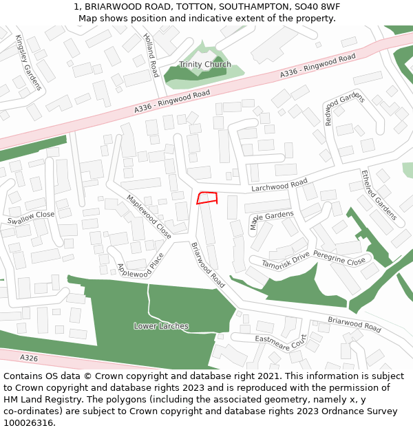 1, BRIARWOOD ROAD, TOTTON, SOUTHAMPTON, SO40 8WF: Location map and indicative extent of plot