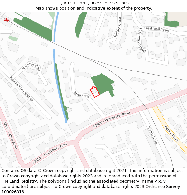 1, BRICK LANE, ROMSEY, SO51 8LG: Location map and indicative extent of plot