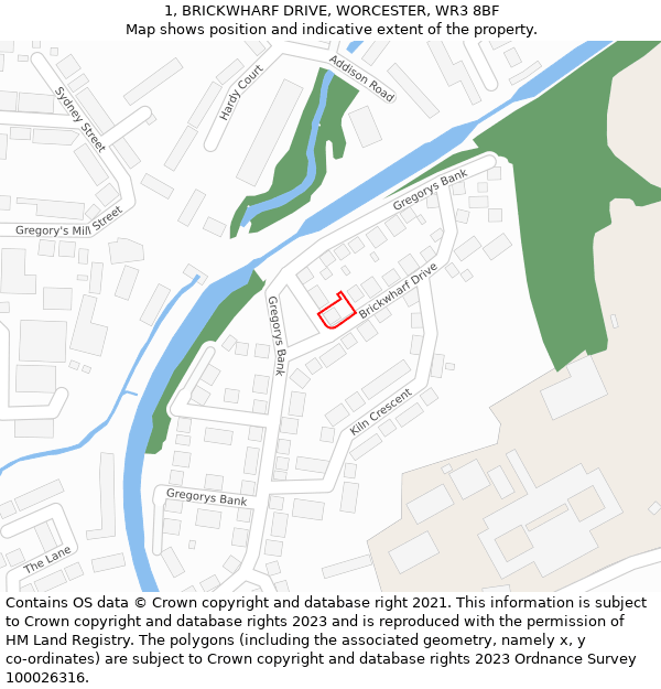 1, BRICKWHARF DRIVE, WORCESTER, WR3 8BF: Location map and indicative extent of plot