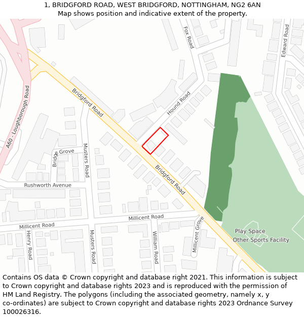 1, BRIDGFORD ROAD, WEST BRIDGFORD, NOTTINGHAM, NG2 6AN: Location map and indicative extent of plot