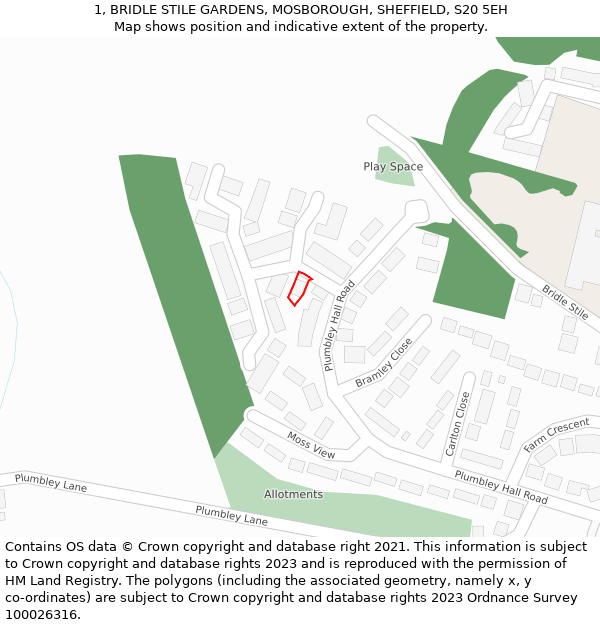 1, BRIDLE STILE GARDENS, MOSBOROUGH, SHEFFIELD, S20 5EH: Location map and indicative extent of plot