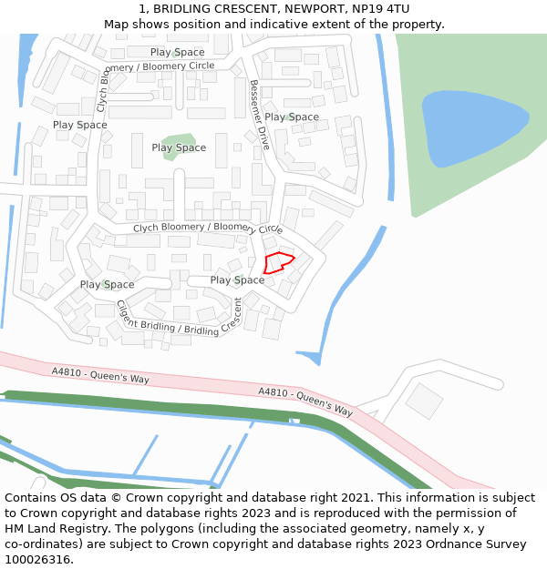 1, BRIDLING CRESCENT, NEWPORT, NP19 4TU: Location map and indicative extent of plot