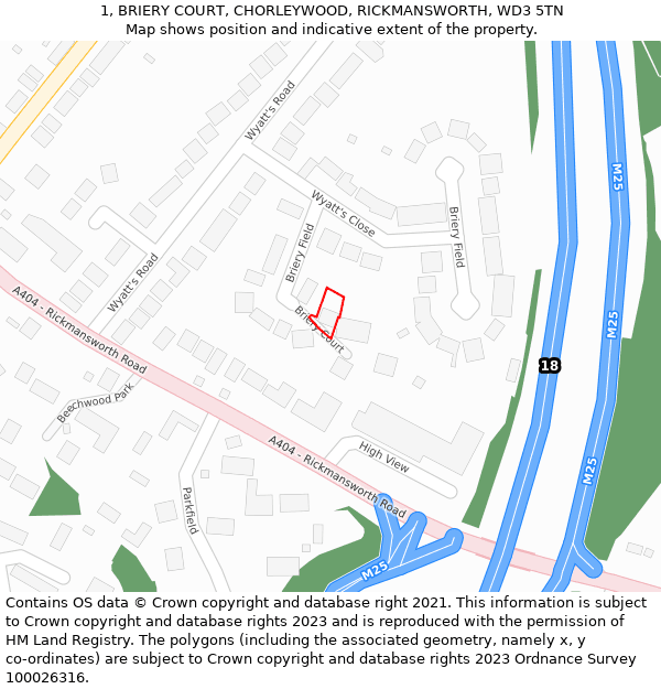 1, BRIERY COURT, CHORLEYWOOD, RICKMANSWORTH, WD3 5TN: Location map and indicative extent of plot