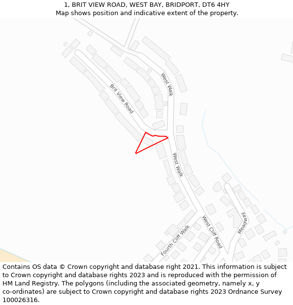 1, BRIT VIEW ROAD, WEST BAY, BRIDPORT, DT6 4HY: Location map and indicative extent of plot