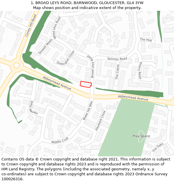 1, BROAD LEYS ROAD, BARNWOOD, GLOUCESTER, GL4 3YW: Location map and indicative extent of plot