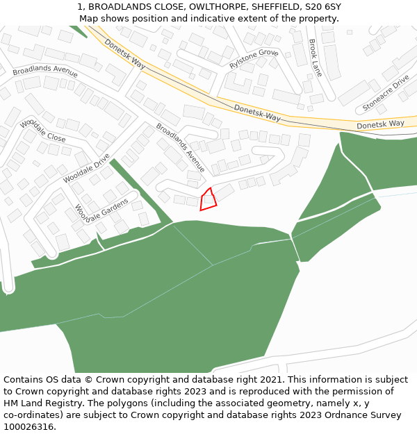 1, BROADLANDS CLOSE, OWLTHORPE, SHEFFIELD, S20 6SY: Location map and indicative extent of plot