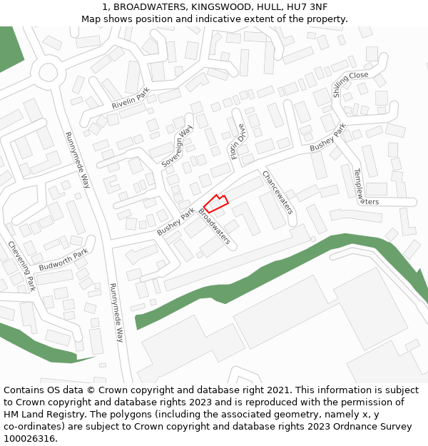 1, BROADWATERS, KINGSWOOD, HULL, HU7 3NF: Location map and indicative extent of plot