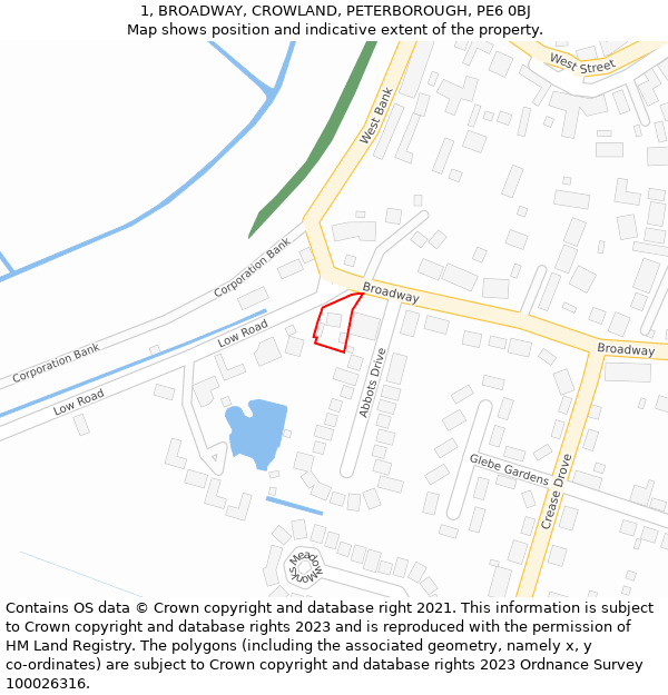 1, BROADWAY, CROWLAND, PETERBOROUGH, PE6 0BJ: Location map and indicative extent of plot