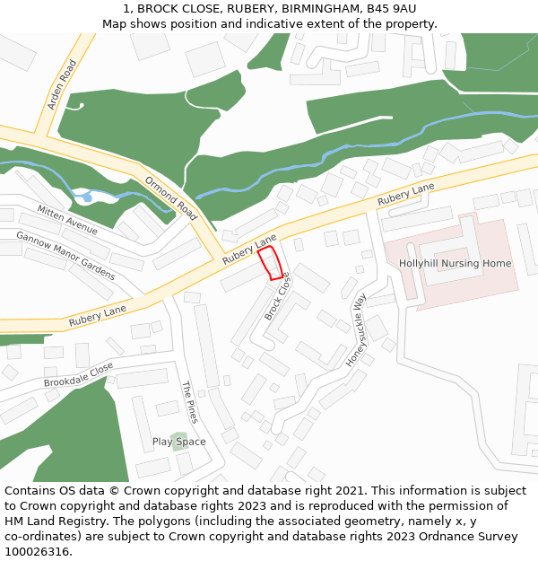1, BROCK CLOSE, RUBERY, BIRMINGHAM, B45 9AU: Location map and indicative extent of plot