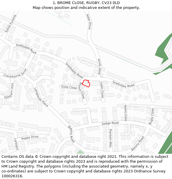 1, BROME CLOSE, RUGBY, CV23 0LD: Location map and indicative extent of plot