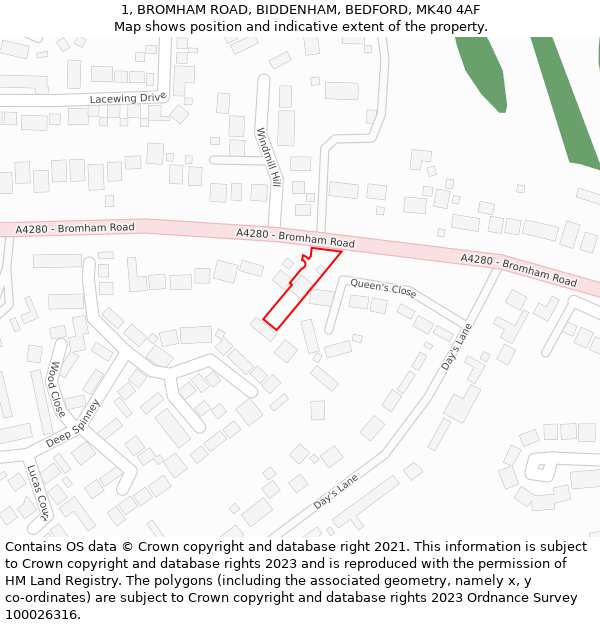 1, BROMHAM ROAD, BIDDENHAM, BEDFORD, MK40 4AF: Location map and indicative extent of plot