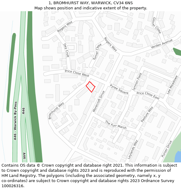 1, BROMHURST WAY, WARWICK, CV34 6NS: Location map and indicative extent of plot