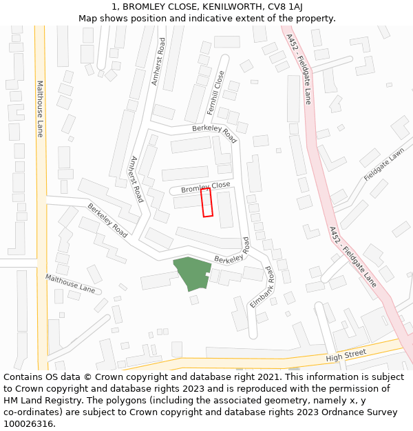 1, BROMLEY CLOSE, KENILWORTH, CV8 1AJ: Location map and indicative extent of plot