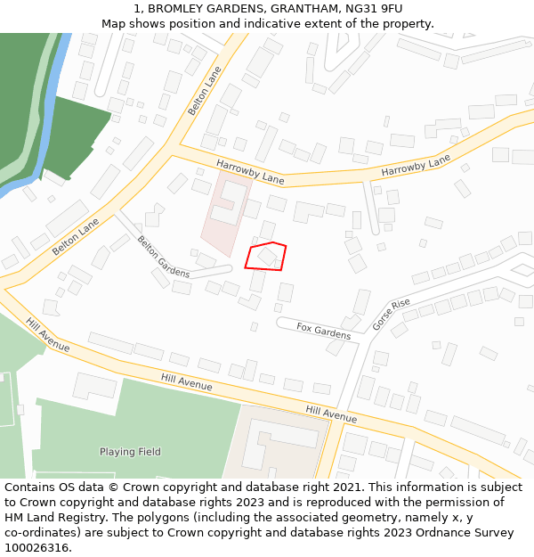 1, BROMLEY GARDENS, GRANTHAM, NG31 9FU: Location map and indicative extent of plot