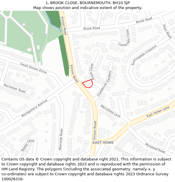 1, BROOK CLOSE, BOURNEMOUTH, BH10 5JP: Location map and indicative extent of plot