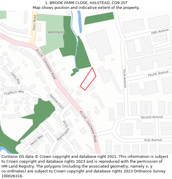 1, BROOK FARM CLOSE, HALSTEAD, CO9 2ST: Location map and indicative extent of plot