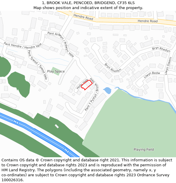 1, BROOK VALE, PENCOED, BRIDGEND, CF35 6LS: Location map and indicative extent of plot