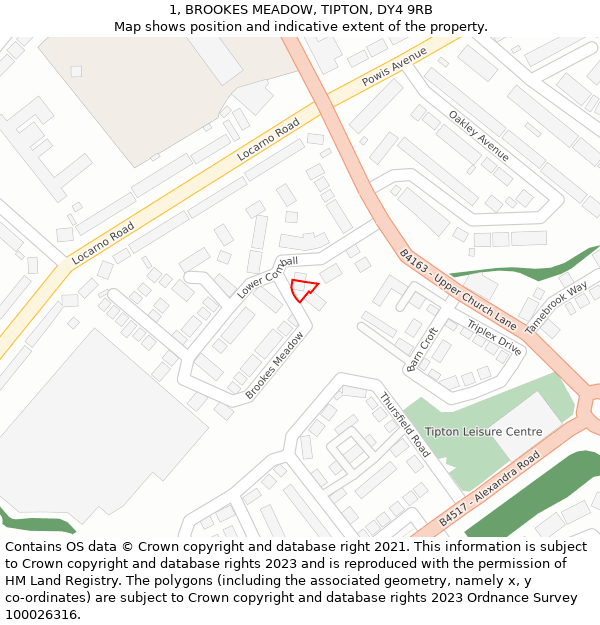 1, BROOKES MEADOW, TIPTON, DY4 9RB: Location map and indicative extent of plot