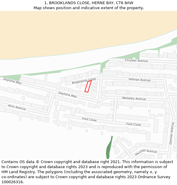 1, BROOKLANDS CLOSE, HERNE BAY, CT6 8AW: Location map and indicative extent of plot