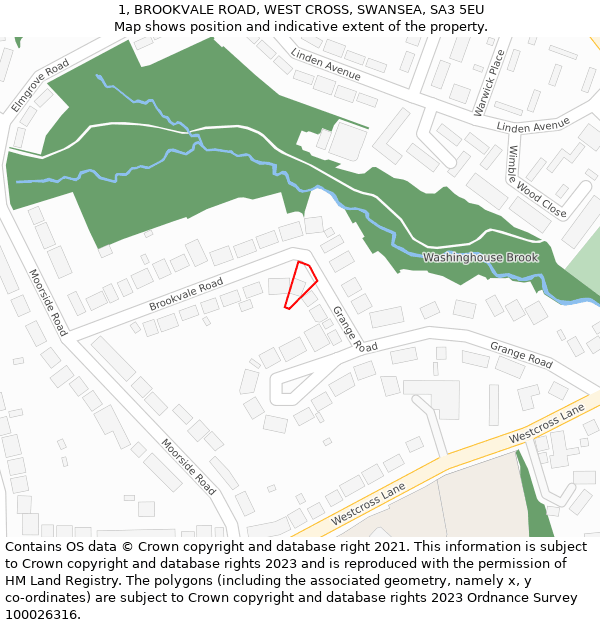 1, BROOKVALE ROAD, WEST CROSS, SWANSEA, SA3 5EU: Location map and indicative extent of plot