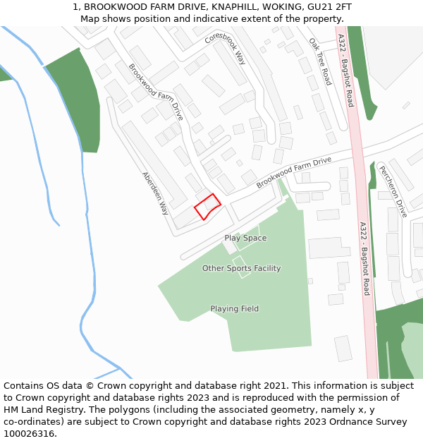 1, BROOKWOOD FARM DRIVE, KNAPHILL, WOKING, GU21 2FT: Location map and indicative extent of plot