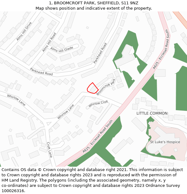 1, BROOMCROFT PARK, SHEFFIELD, S11 9NZ: Location map and indicative extent of plot