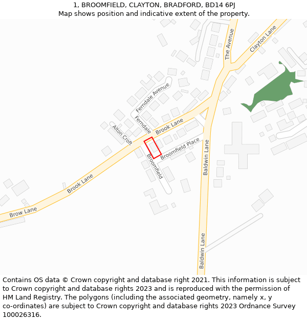 1, BROOMFIELD, CLAYTON, BRADFORD, BD14 6PJ: Location map and indicative extent of plot