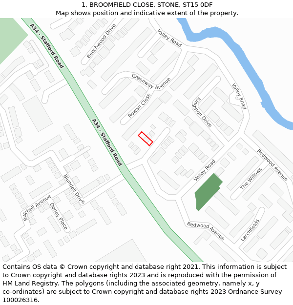 1, BROOMFIELD CLOSE, STONE, ST15 0DF: Location map and indicative extent of plot