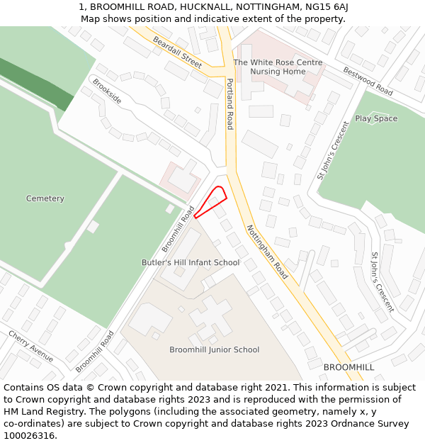 1, BROOMHILL ROAD, HUCKNALL, NOTTINGHAM, NG15 6AJ: Location map and indicative extent of plot