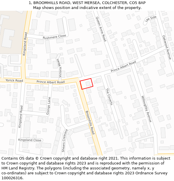 1, BROOMHILLS ROAD, WEST MERSEA, COLCHESTER, CO5 8AP: Location map and indicative extent of plot