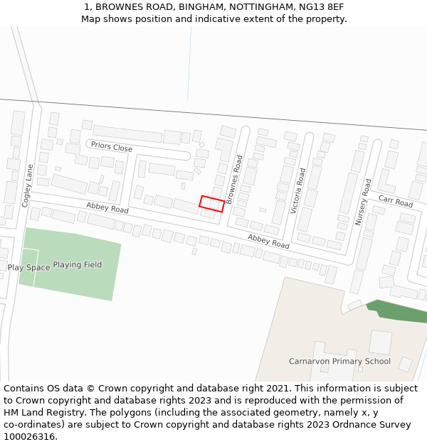 1, BROWNES ROAD, BINGHAM, NOTTINGHAM, NG13 8EF: Location map and indicative extent of plot