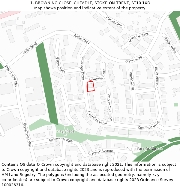 1, BROWNING CLOSE, CHEADLE, STOKE-ON-TRENT, ST10 1XD: Location map and indicative extent of plot